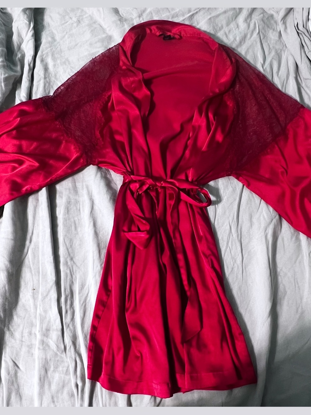 Victoria's Secret Red Satin Lace-Trim Wrap Robe
